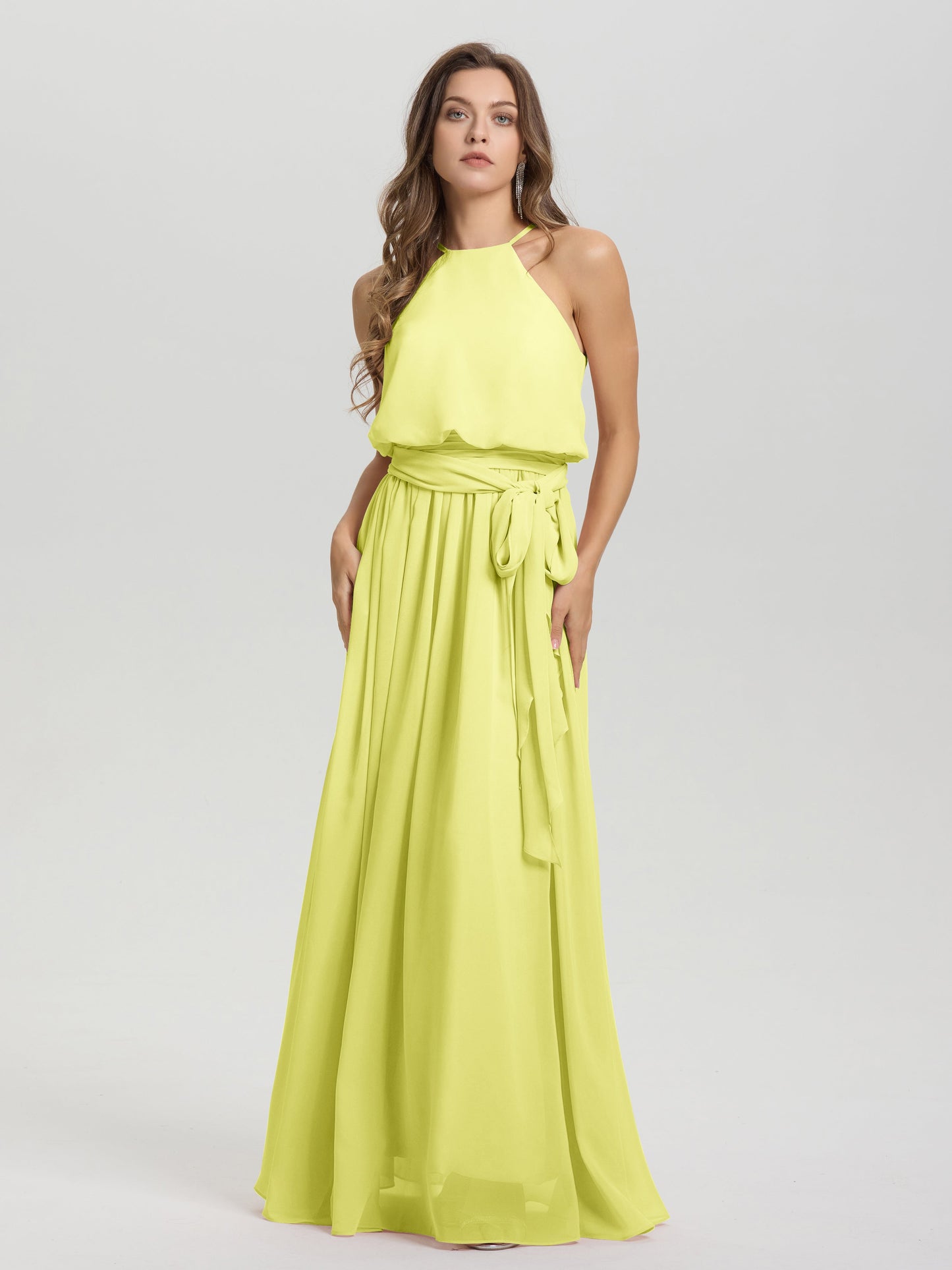 Halter Scoop Neck Sleeveless Floor Length Chiffon Bridesmaid Dress with Sashes