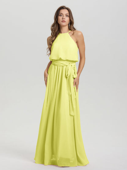 Halter Scoop Neck Sleeveless Floor Length Chiffon Bridesmaid Dress with Sashes