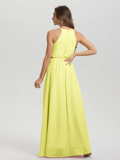 Halter Scoop Neck Sleeveless Floor Length Chiffon Bridesmaid Dress with Sashes