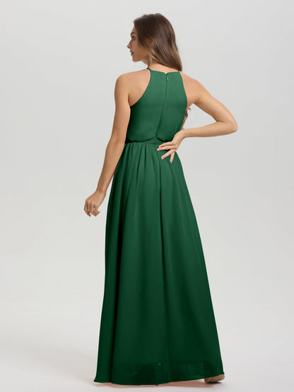 Halter Scoop Neck Sleeveless Floor Length Chiffon Bridesmaid Dress with Sashes
