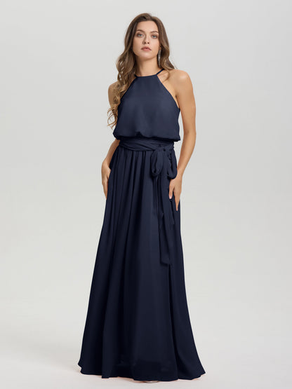 Halter Scoop Neck Sleeveless Floor Length Chiffon Bridesmaid Dress with Sashes
