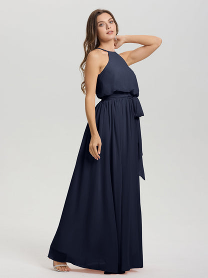Halter Scoop Neck Sleeveless Floor Length Chiffon Bridesmaid Dress with Sashes
