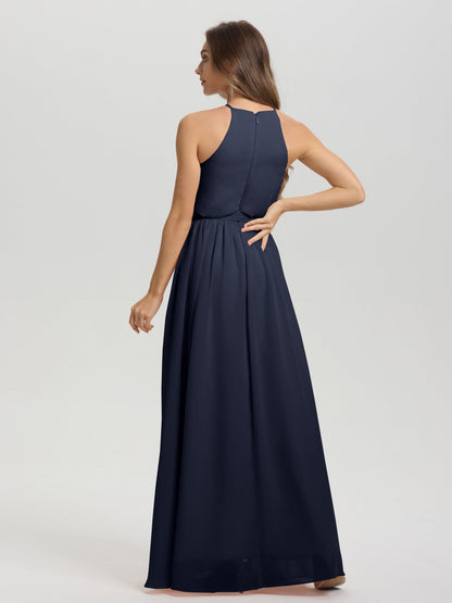 Halter Scoop Neck Sleeveless Floor Length Chiffon Bridesmaid Dress with Sashes
