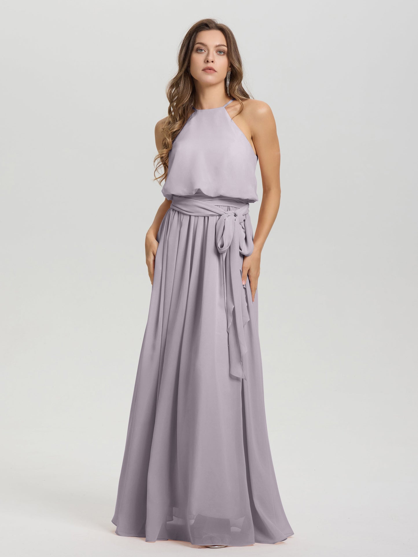 Halter Scoop Neck Sleeveless Floor Length Chiffon Bridesmaid Dress with Sashes