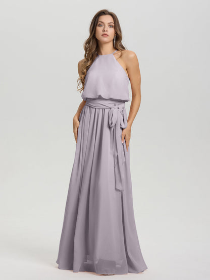 Halter Scoop Neck Sleeveless Floor Length Chiffon Bridesmaid Dress with Sashes