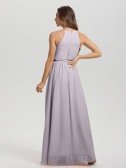 Halter Scoop Neck Sleeveless Floor Length Chiffon Bridesmaid Dress with Sashes