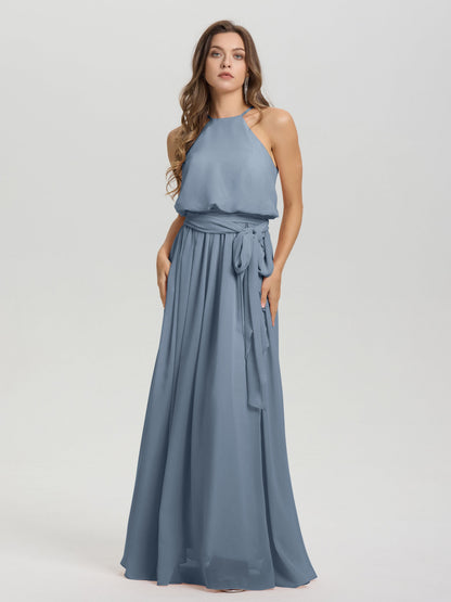 Halter Scoop Neck Sleeveless Floor Length Chiffon Bridesmaid Dress with Sashes