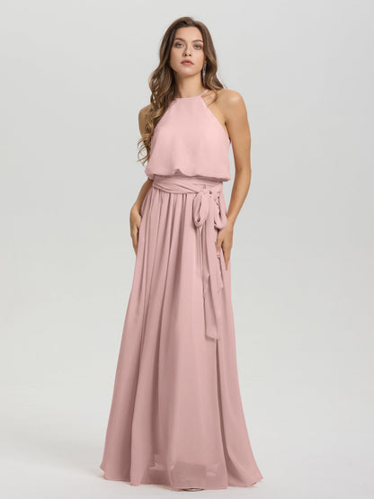 Halter Scoop Neck Sleeveless Floor Length Chiffon Bridesmaid Dress with Sashes