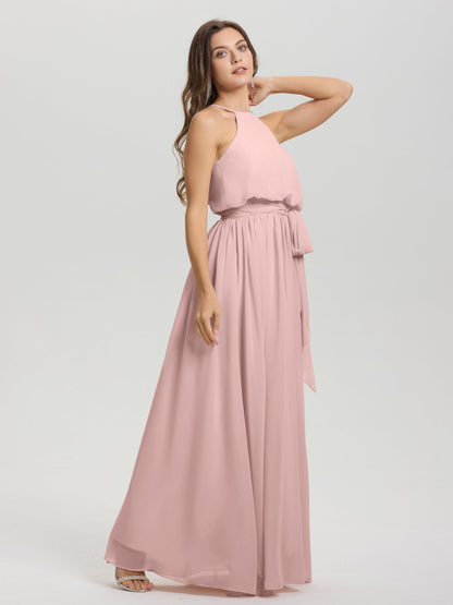Halter Scoop Neck Sleeveless Floor Length Chiffon Bridesmaid Dress with Sashes