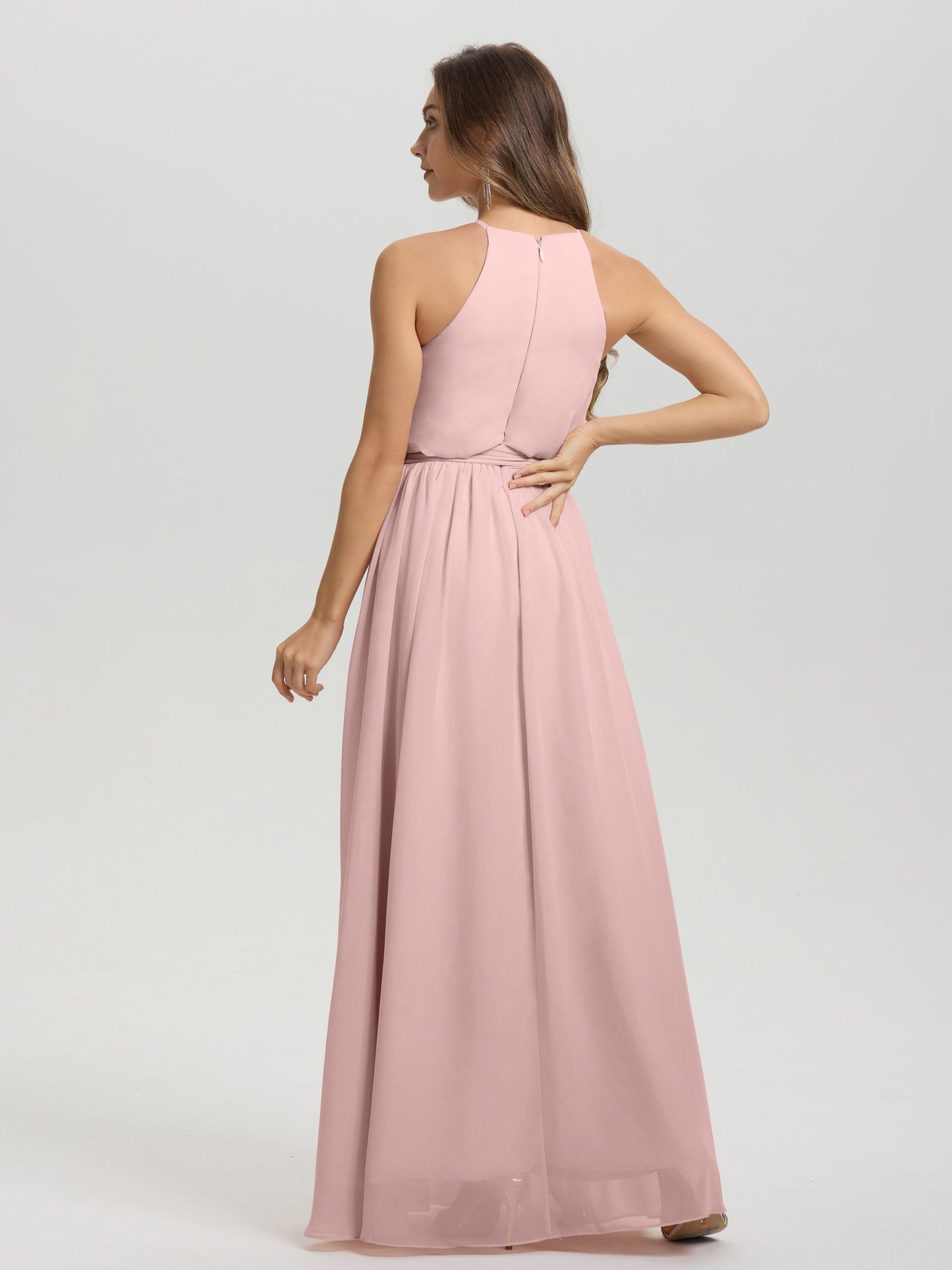 Halter Scoop Neck Sleeveless Floor Length Chiffon Bridesmaid Dress with Sashes