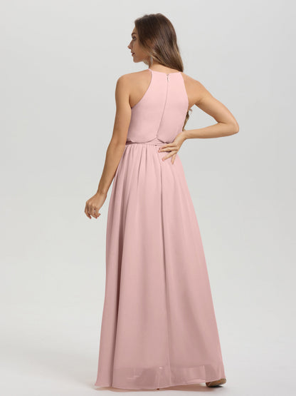Halter Scoop Neck Sleeveless Floor Length Chiffon Bridesmaid Dress with Sashes