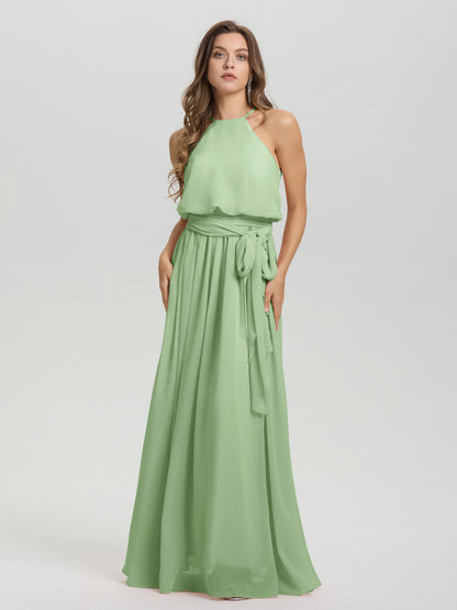 Halter Scoop Neck Sleeveless Floor Length Chiffon Bridesmaid Dress with Sashes