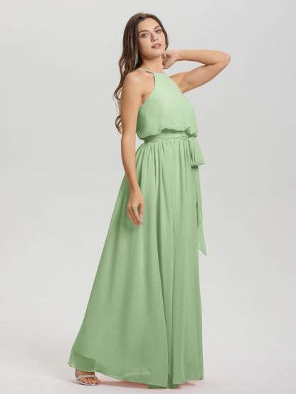 Halter Scoop Neck Sleeveless Floor Length Chiffon Bridesmaid Dress with Sashes