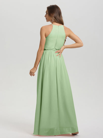 Halter Scoop Neck Sleeveless Floor Length Chiffon Bridesmaid Dress with Sashes