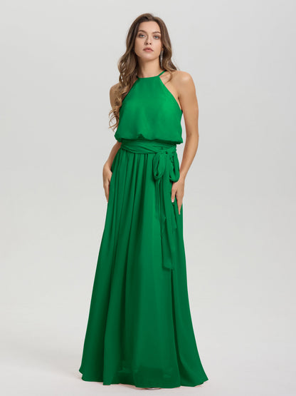 Halter Scoop Neck Sleeveless Floor Length Chiffon Bridesmaid Dress with Sashes