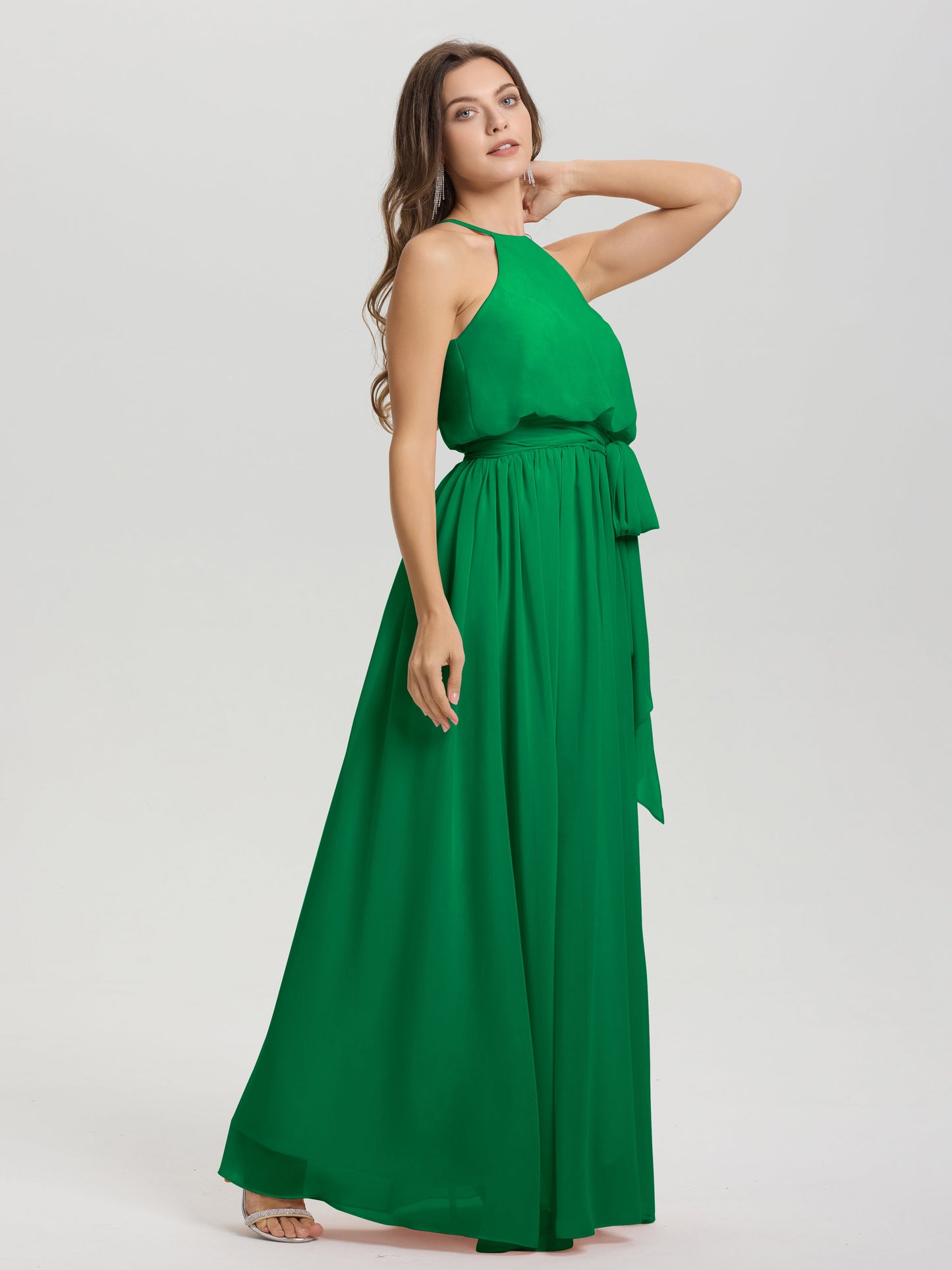Halter Scoop Neck Sleeveless Floor Length Chiffon Bridesmaid Dress with Sashes