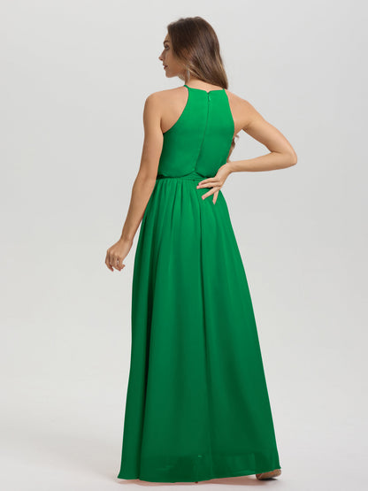 Halter Scoop Neck Sleeveless Floor Length Chiffon Bridesmaid Dress with Sashes