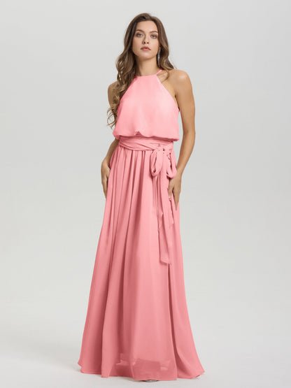 Halter Scoop Neck Sleeveless Floor Length Chiffon Bridesmaid Dress with Sashes