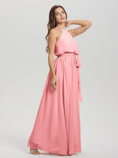 Halter Scoop Neck Sleeveless Floor Length Chiffon Bridesmaid Dress with Sashes