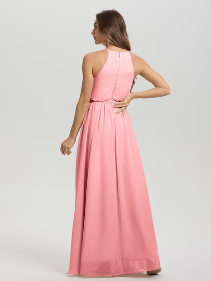 Halter Scoop Neck Sleeveless Floor Length Chiffon Bridesmaid Dress with Sashes