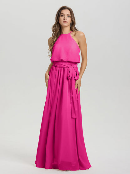 Halter Scoop Neck Sleeveless Floor Length Chiffon Bridesmaid Dress with Sashes