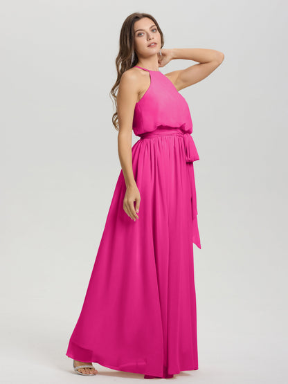 Halter Scoop Neck Sleeveless Floor Length Chiffon Bridesmaid Dress with Sashes