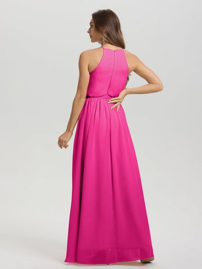 Halter Scoop Neck Sleeveless Floor Length Chiffon Bridesmaid Dress with Sashes