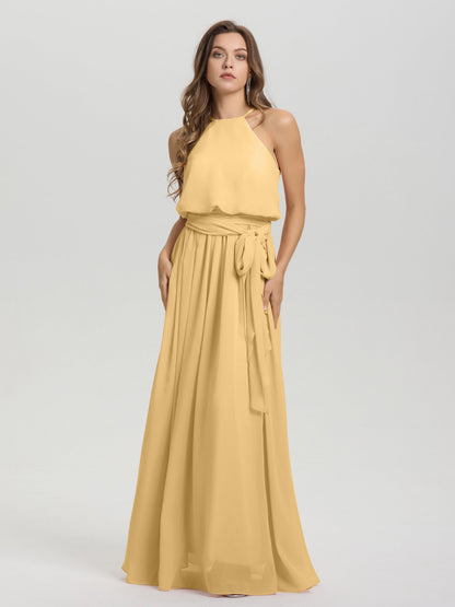 Halter Scoop Neck Sleeveless Floor Length Chiffon Bridesmaid Dress with Sashes