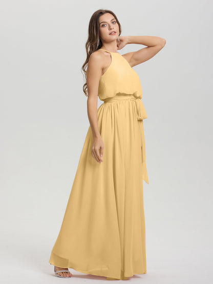 Halter Scoop Neck Sleeveless Floor Length Chiffon Bridesmaid Dress with Sashes
