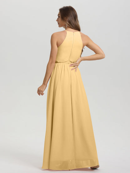 Halter Scoop Neck Sleeveless Floor Length Chiffon Bridesmaid Dress with Sashes