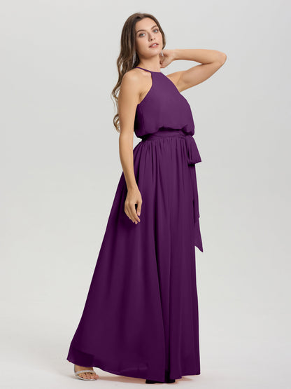 Halter Scoop Neck Sleeveless Floor Length Chiffon Bridesmaid Dress with Sashes
