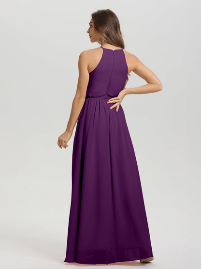 Halter Scoop Neck Sleeveless Floor Length Chiffon Bridesmaid Dress with Sashes