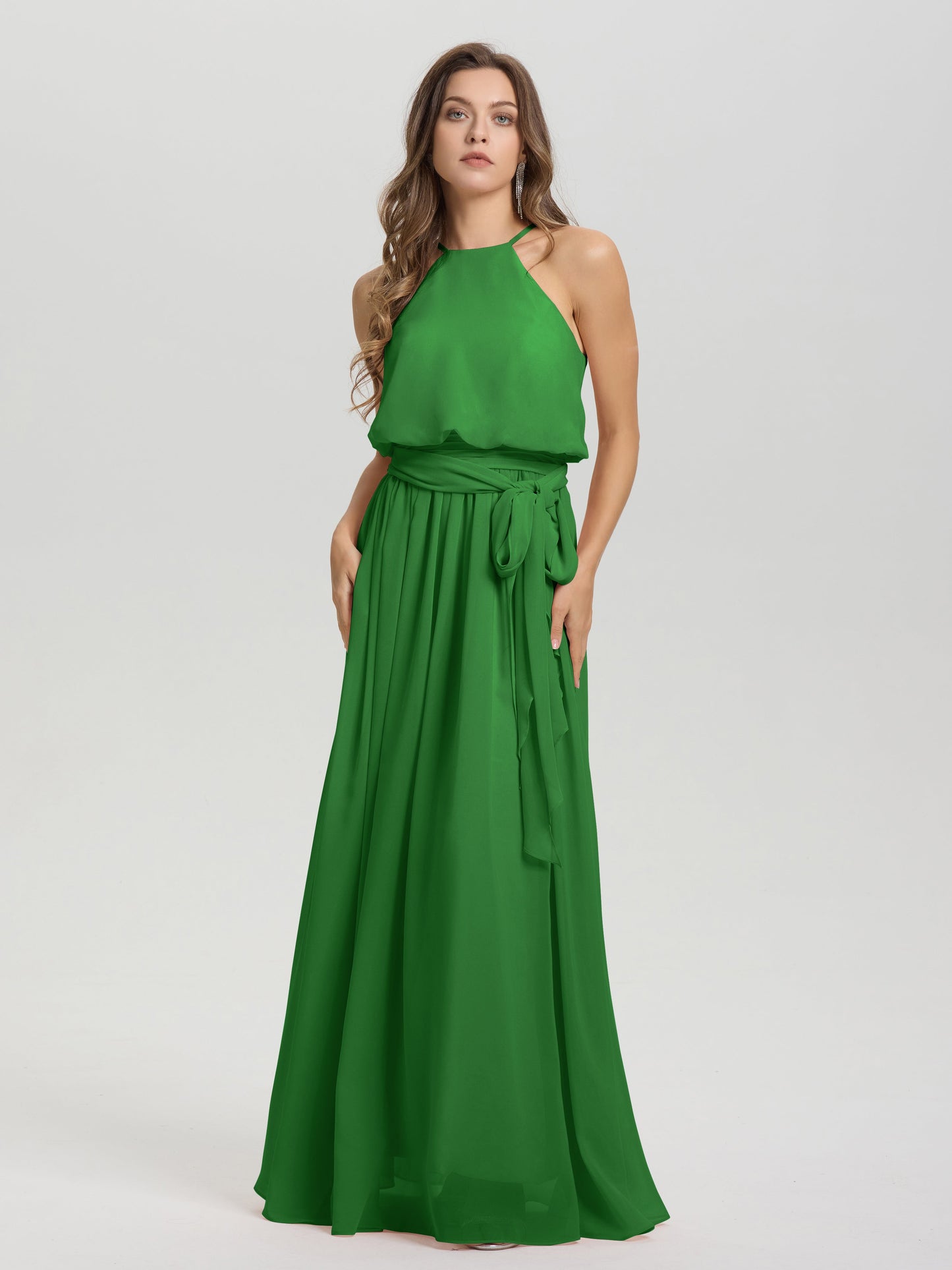 Halter Scoop Neck Sleeveless Floor Length Chiffon Bridesmaid Dress with Sashes