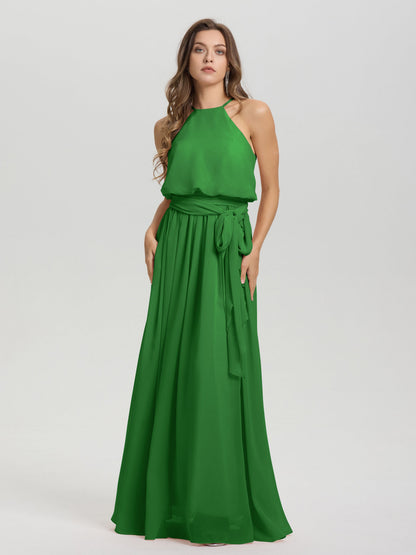 Halter Scoop Neck Sleeveless Floor Length Chiffon Bridesmaid Dress with Sashes