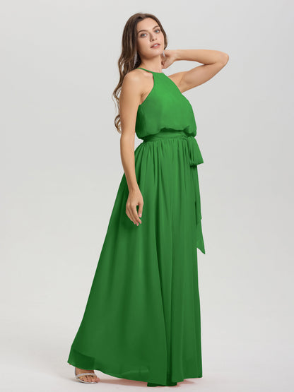 Halter Scoop Neck Sleeveless Floor Length Chiffon Bridesmaid Dress with Sashes
