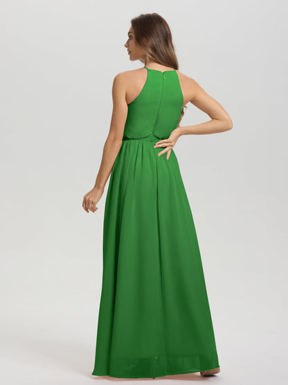 Halter Scoop Neck Sleeveless Floor Length Chiffon Bridesmaid Dress with Sashes