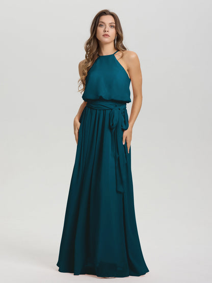 Halter Scoop Neck Sleeveless Floor Length Chiffon Bridesmaid Dress with Sashes