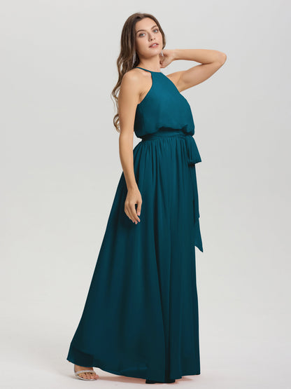 Halter Scoop Neck Sleeveless Floor Length Chiffon Bridesmaid Dress with Sashes