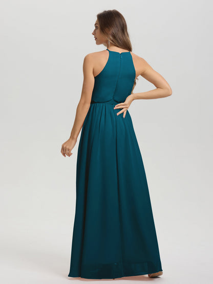 Halter Scoop Neck Sleeveless Floor Length Chiffon Bridesmaid Dress with Sashes