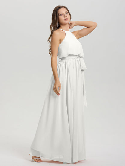 Halter Scoop Neck Sleeveless Floor Length Chiffon Bridesmaid Dress with Sashes