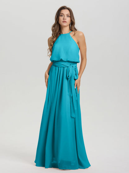 Halter Scoop Neck Sleeveless Floor Length Chiffon Bridesmaid Dress with Sashes