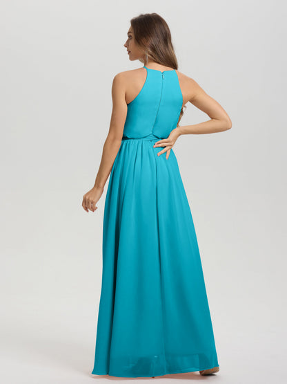 Halter Scoop Neck Sleeveless Floor Length Chiffon Bridesmaid Dress with Sashes