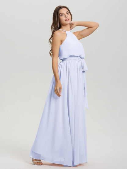 Halter Scoop Neck Sleeveless Floor Length Chiffon Bridesmaid Dress with Sashes