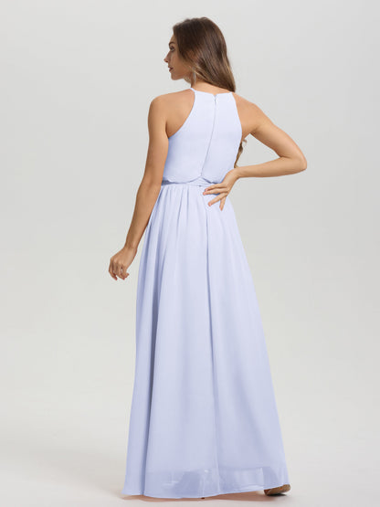 Halter Scoop Neck Sleeveless Floor Length Chiffon Bridesmaid Dress with Sashes