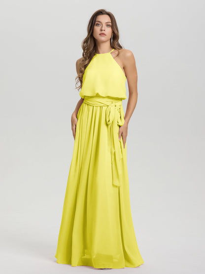 Halter Scoop Neck Sleeveless Floor Length Chiffon Bridesmaid Dress with Sashes