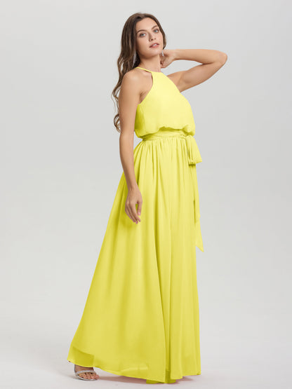 Halter Scoop Neck Sleeveless Floor Length Chiffon Bridesmaid Dress with Sashes