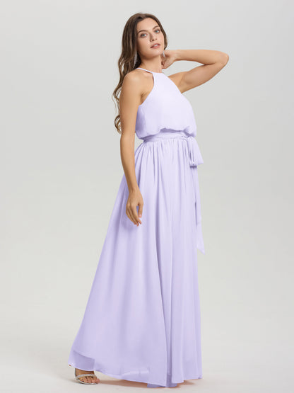 Halter Scoop Neck Sleeveless Floor Length Chiffon Bridesmaid Dress with Sashes