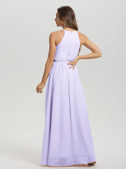 Halter Scoop Neck Sleeveless Floor Length Chiffon Bridesmaid Dress with Sashes