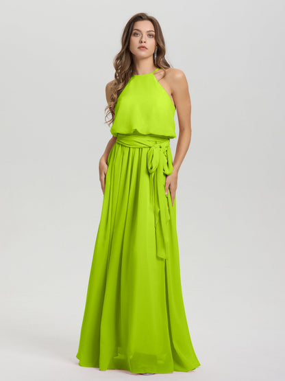 Halter Scoop Neck Sleeveless Floor Length Chiffon Bridesmaid Dress with Sashes