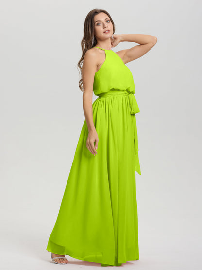 Halter Scoop Neck Sleeveless Floor Length Chiffon Bridesmaid Dress with Sashes